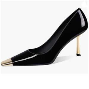 FOWT Black Metal Sqaure Cap Toe Pumps Slip on Gold Stiletto High Heels Shoes